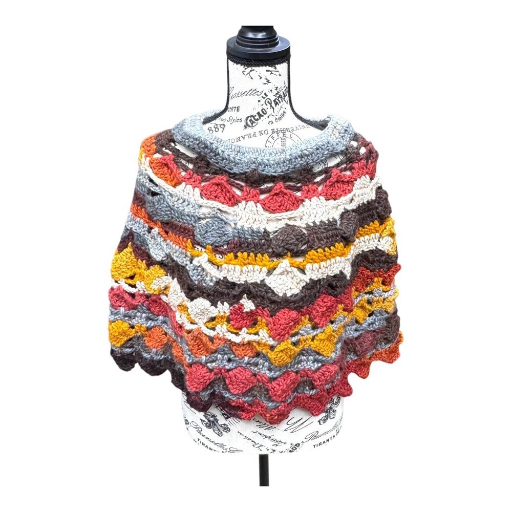 Handmade Crochet Poncho Shawl Shoulder Wrap Scalloped Edge Women One Size Boho